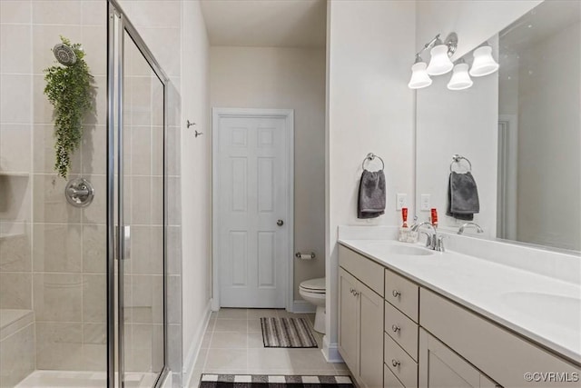 bathroom featuring toilet, tile patterned flooring, an enclosed shower, and vanity