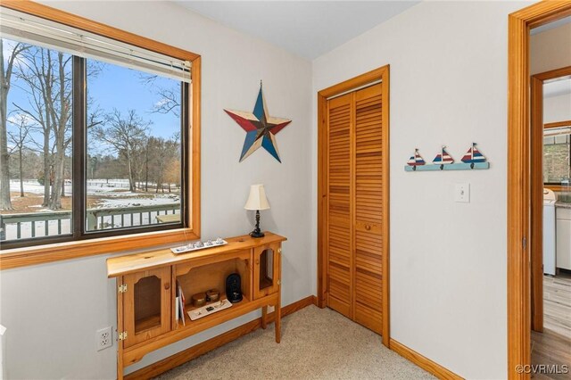 hallway featuring a healthy amount of sunlight, light colored carpet, and washer / dryer