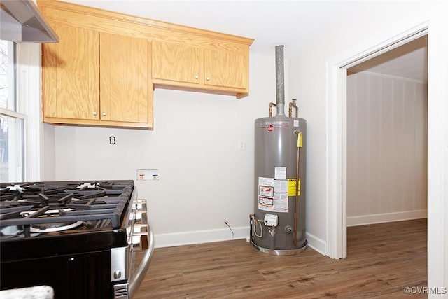 kitchen with exhaust hood, dark wood-type flooring, gas range, light brown cabinetry, and gas water heater