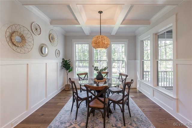 dining room with coffered ceiling, ornamental molding, beam ceiling, and dark hardwood / wood-style floors