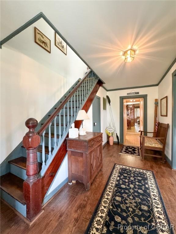 stairway with hardwood / wood-style flooring and crown molding