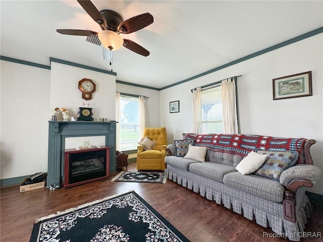 living room with ceiling fan, crown molding, and dark hardwood / wood-style floors