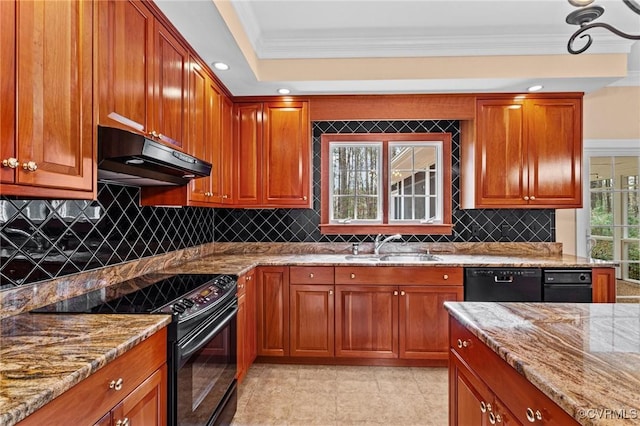 kitchen featuring backsplash, ornamental molding, black appliances, light stone counters, and sink