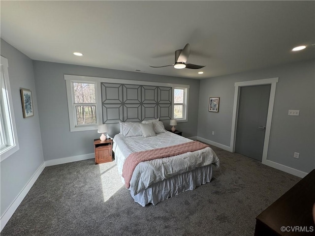 bedroom with baseboards, carpet floors, and recessed lighting