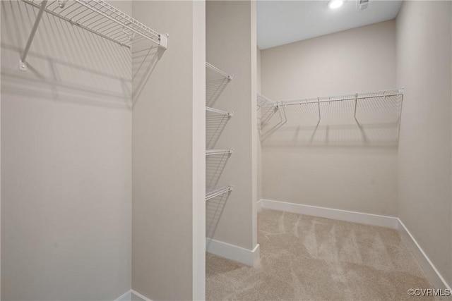 walk in closet with light colored carpet