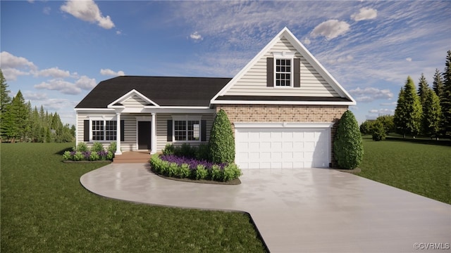 view of front facade featuring a front lawn, concrete driveway, and brick siding