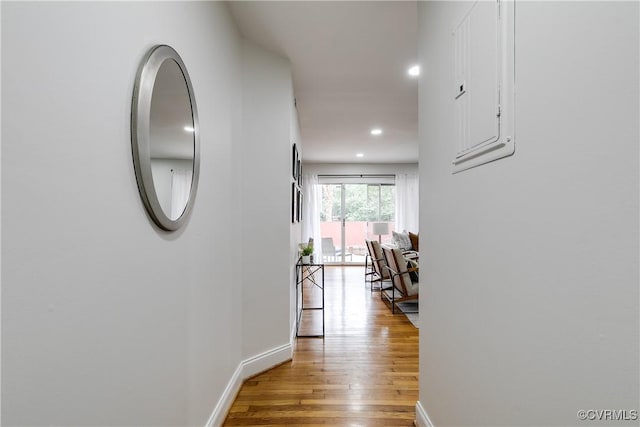 corridor featuring electric panel and light wood-type flooring