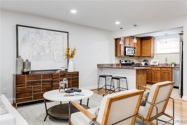 living room featuring sink and light hardwood / wood-style floors