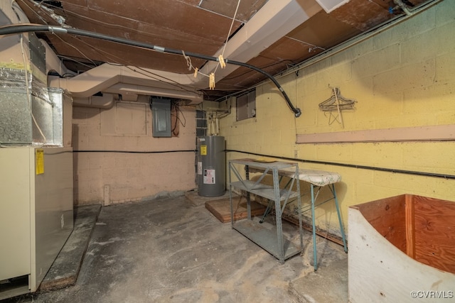 basement featuring water heater, electric panel, and heating unit