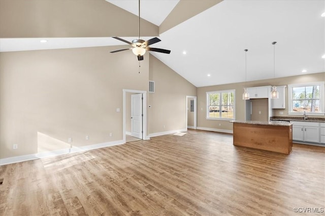 unfurnished living room featuring ceiling fan, sink, high vaulted ceiling, and light hardwood / wood-style floors