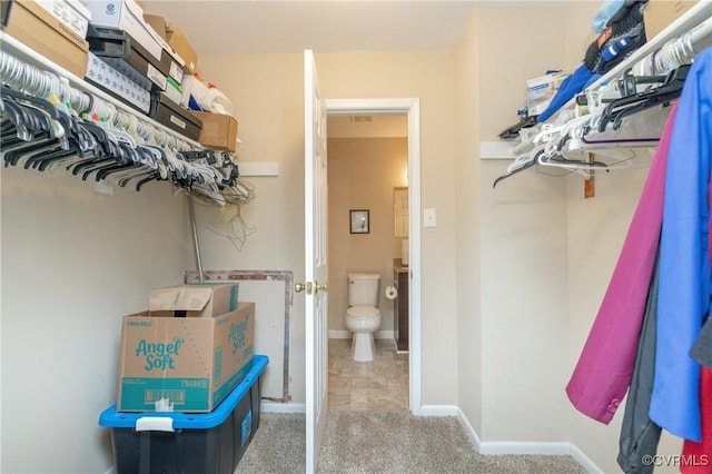 walk in closet with light colored carpet