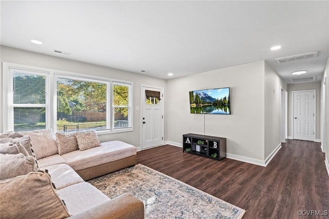 living room featuring dark hardwood / wood-style flooring and a healthy amount of sunlight