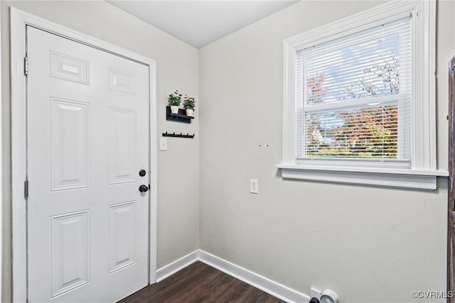 doorway with a wealth of natural light and dark hardwood / wood-style floors