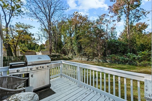 wooden terrace featuring a yard