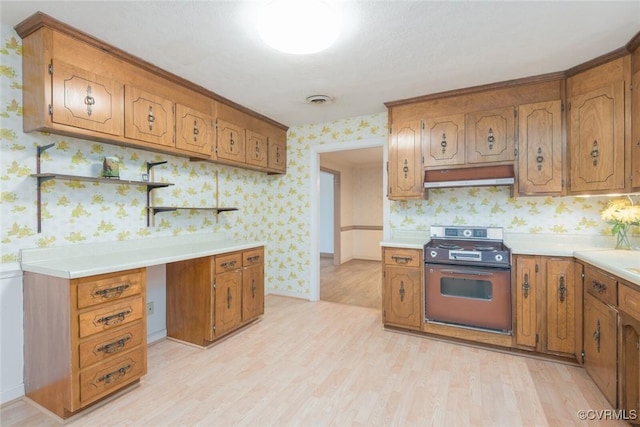 kitchen with stove and light hardwood / wood-style floors