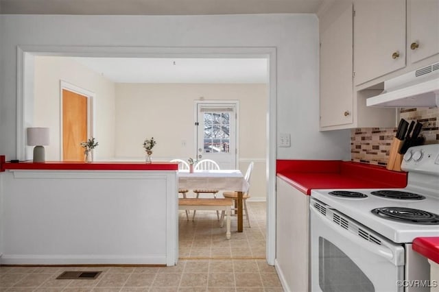 kitchen featuring backsplash, white cabinets, and electric range