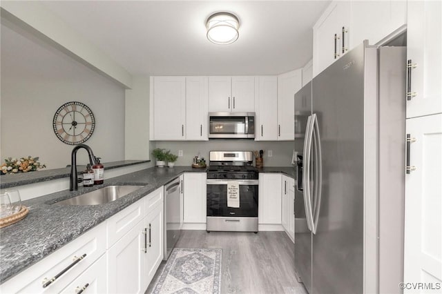 kitchen featuring sink, white cabinetry, stainless steel appliances, and dark stone countertops