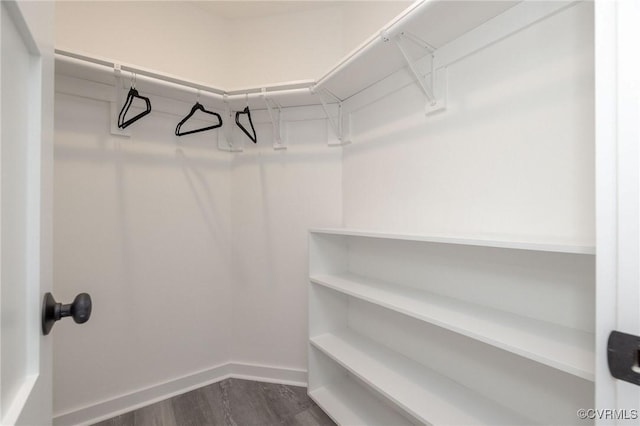 walk in closet with dark wood-type flooring