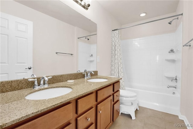 full bathroom with toilet, vanity, shower / bathtub combination with curtain, and tile patterned flooring