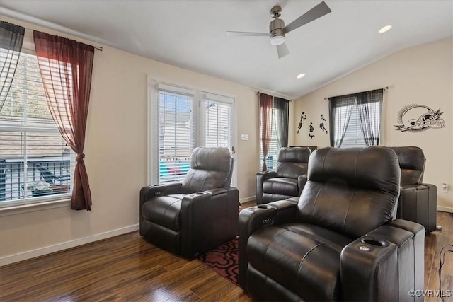 interior space with lofted ceiling, dark wood-type flooring, and ceiling fan