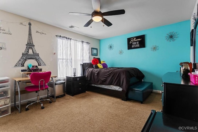 carpeted bedroom featuring ceiling fan