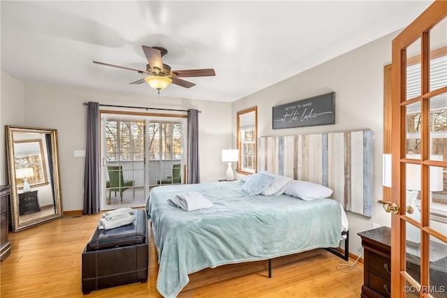 bedroom with access to outside, ceiling fan, and light hardwood / wood-style flooring