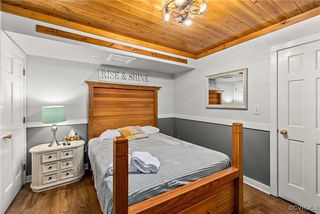 bedroom featuring dark hardwood / wood-style flooring and wooden ceiling