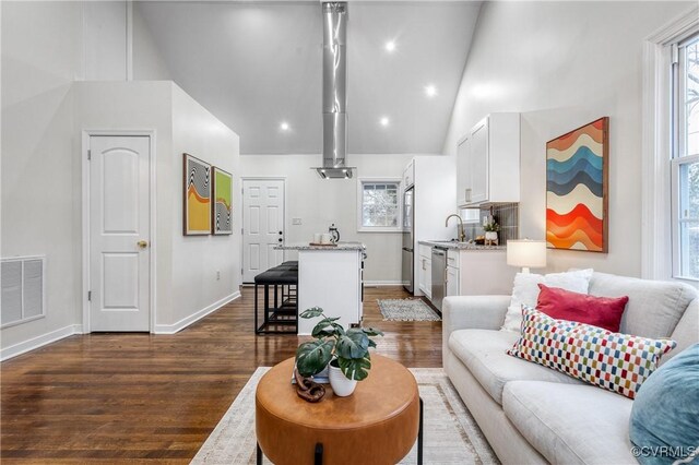 living room with high vaulted ceiling, a wealth of natural light, dark wood-type flooring, and sink