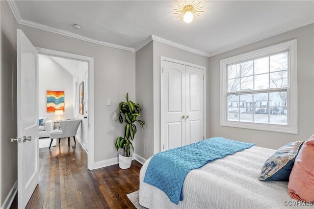 bedroom with a closet, dark hardwood / wood-style floors, and crown molding