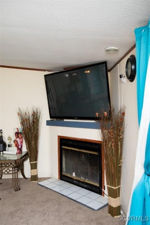 details with a textured ceiling, carpet, and crown molding