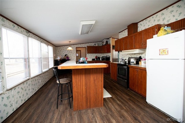 kitchen featuring pendant lighting, a kitchen island, dark hardwood / wood-style flooring, white fridge, and range with electric cooktop