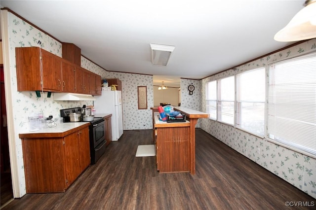 kitchen with white refrigerator, dark hardwood / wood-style floors, ornamental molding, kitchen peninsula, and stainless steel range with electric stovetop