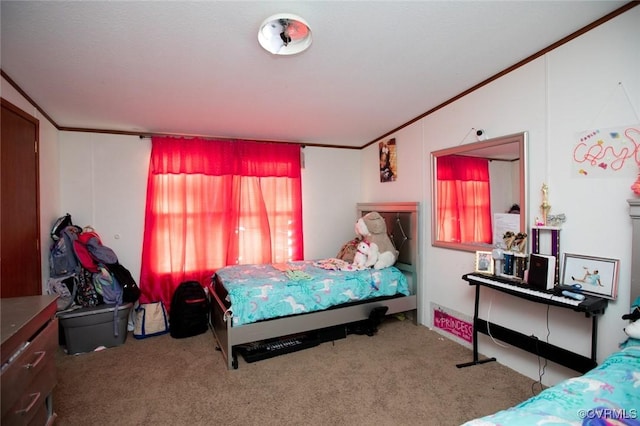 bedroom with carpet and ornamental molding