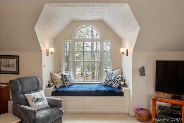 sitting room featuring carpet floors, vaulted ceiling, and a textured ceiling