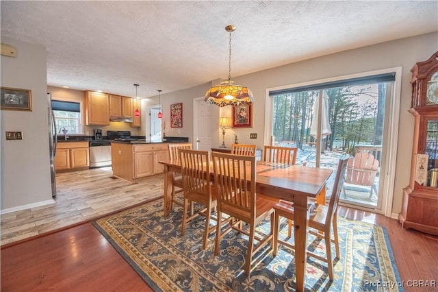 dining area with a textured ceiling and light wood-type flooring