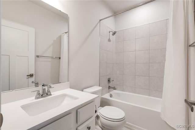 full bathroom with toilet, vanity, and shower / bathtub combination with curtain