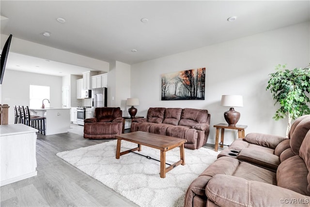 living room featuring sink and light hardwood / wood-style flooring