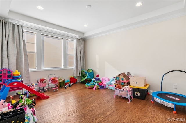 game room with hardwood / wood-style flooring, a raised ceiling, and ornamental molding