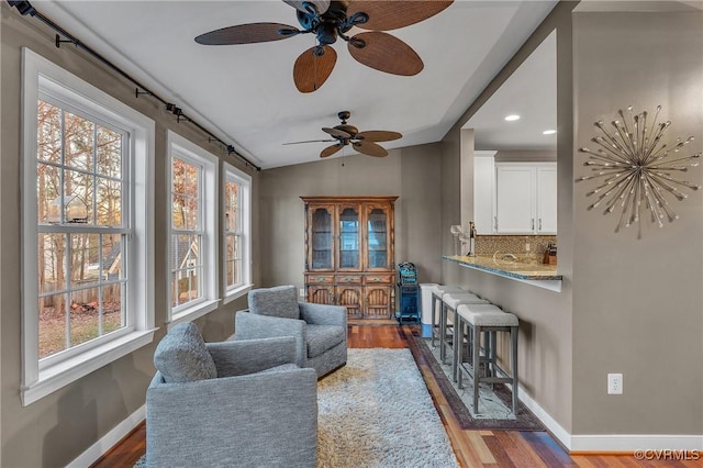 sitting room featuring dark wood-type flooring and lofted ceiling