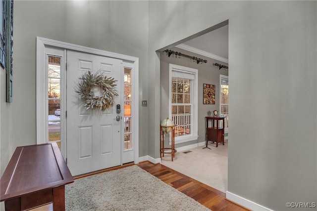 entrance foyer featuring crown molding, plenty of natural light, and wood-type flooring