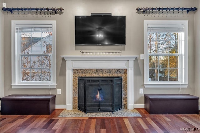 interior details with hardwood / wood-style flooring and a fireplace