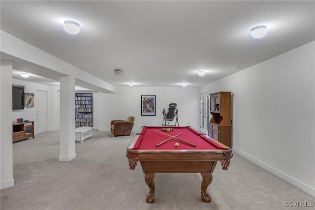 rec room featuring light carpet and pool table