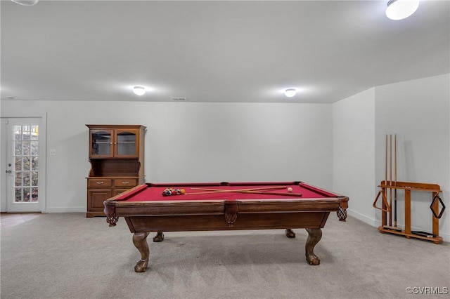 recreation room featuring light colored carpet and pool table