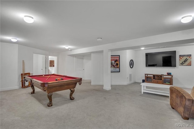 rec room with light colored carpet and pool table