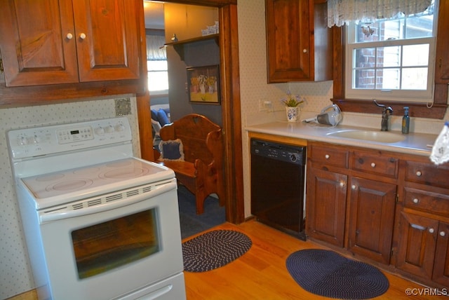 kitchen with dishwasher, sink, light hardwood / wood-style floors, decorative backsplash, and white range with electric stovetop