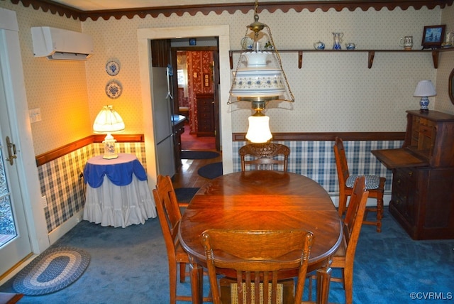 carpeted dining space featuring a wall unit AC