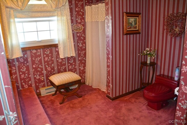 living area featuring carpet floors and a baseboard heating unit