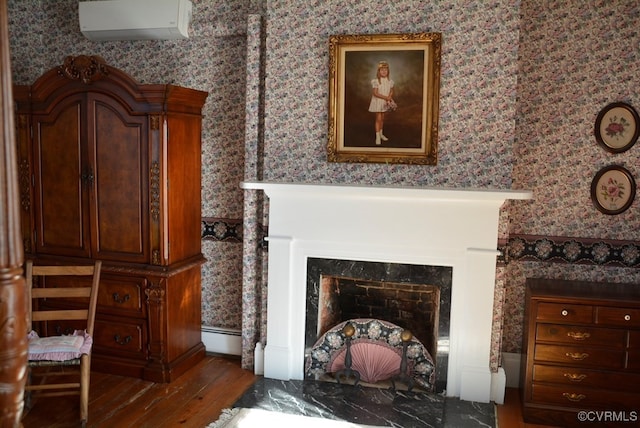 details featuring a baseboard radiator, hardwood / wood-style flooring, and a wall mounted AC