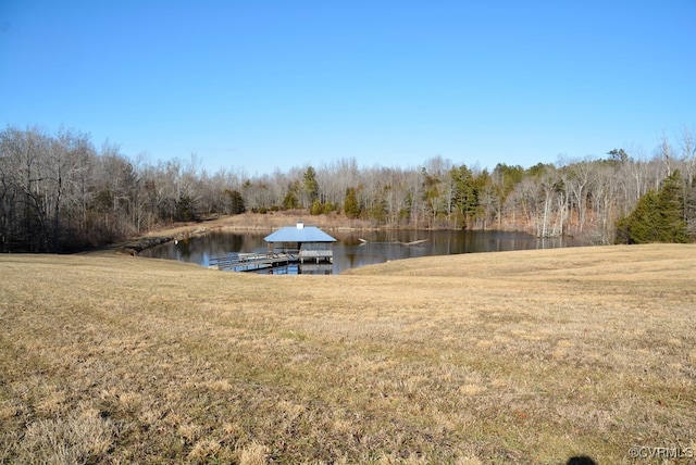 dock area with a water view and a lawn