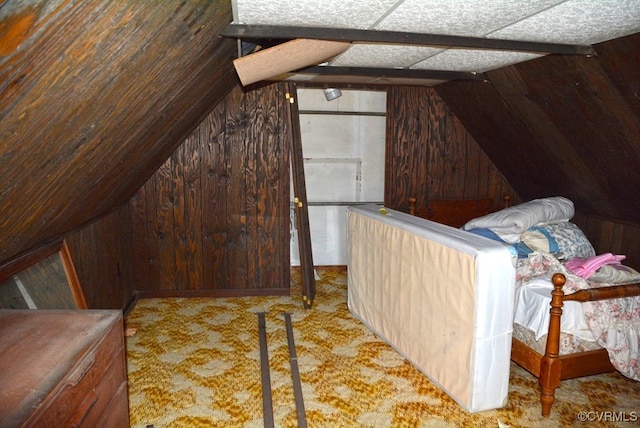 additional living space featuring wood walls and carpet floors